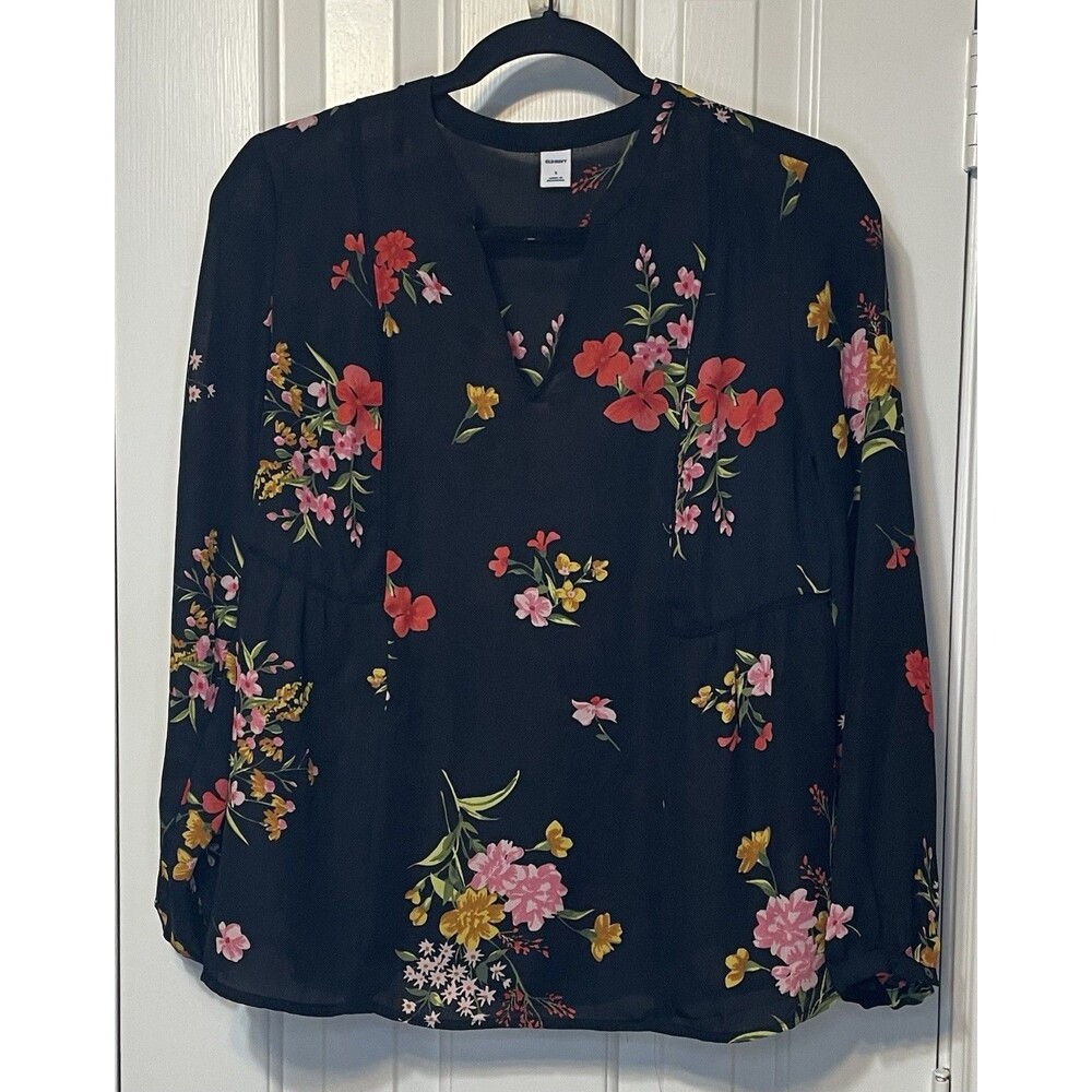 Old Navy Floral Blouse Women’s Small Black Long Sleeve V Neck Lightweight Top